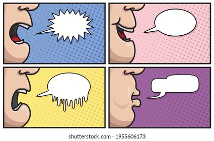 Set of cartoons with empty speech bubbles in pastel color background. Close to the mouth with different movement. Vector print illustration.