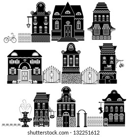 Set of Cartoons fairy tale drawing houses isolated on white background. Series separate lodge.