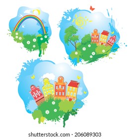Set of Cartoons fairytale drawing images - houses, trees, rainbow isolated on white background. Summer time.