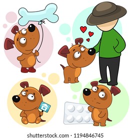 Set of cartoons icons for children and design with dogs. A dog with a balloon bone, sitting sad looking for a house, holding pills and sick, standing next to the owner.