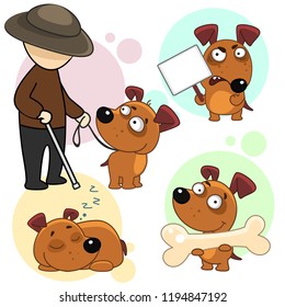 A set of cartoons icons for children and design with dogs. The angry dog with a sign strikes, holds a large bone in its paws, sleeps, leads a blind person.