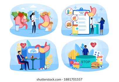 Set of cartoons with people suffering from overeating problem. Concept of obesity and unhealthy lifestyle leading to vascular diseases and diabetes. Flat cartoon vector illustration