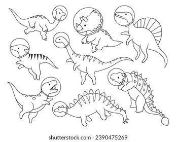 Set of cartoonSet of cartoon dinosaur astronauts. Collection of cute space dinosaurs wearing a helmet and flying in space. Funny ancient animal in cosmos. Jurassic reptiles. Vector illustrations of pr