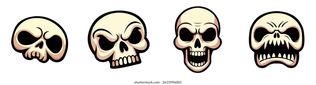 Set of cartoon-style angry skulls with bone color fill and thick black outline in vector design.
