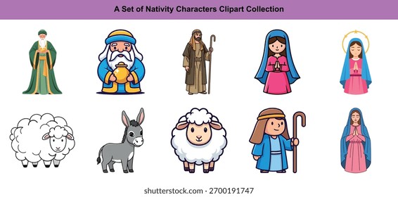 A set of cartoon-style characters depict a Nativity scene, including Mary, Joseph, three wise men, a shepherd, sheep, and a donkey, all set against a white background.