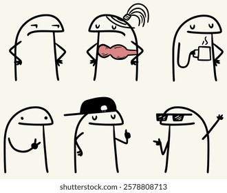 Set of cartoon-style characters in various poses, expressing humor and individuality. Features include sunglasses, hats, coffee, and exaggerated expressions. A fun and quirky illustration for creative