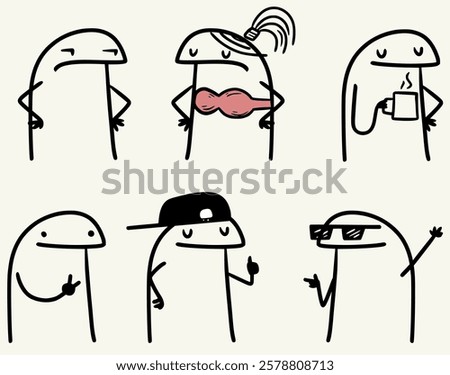 Set of cartoon-style characters in various poses, expressing humor and individuality. Features include sunglasses, hats, coffee, and exaggerated expressions. A fun and quirky illustration for creative
