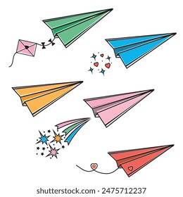 A set of cartoon-style colored paper airplanes, isolated vector illustration on a white background