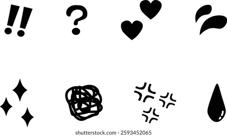 A set of cartoon-style emotion expression icons (heart, anger, doubt, etc.)