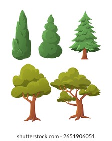 Set of cartoon-style green trees with different shapes including coniferous and deciduous types. Concept of nature and landscape. Flat vector illustrations set isolated on white background