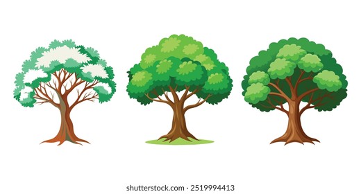 Set of Cartoon-Style Green Trees – Vibrant Nature-Themed Vector Illustration Icons for Eco-Friendly Designs, Landscape Projects, and Environmental Concepts