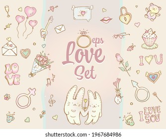 Set with cartoon-style icons for St Valentine's Day or for the wedding. I Love You. Music in the air.