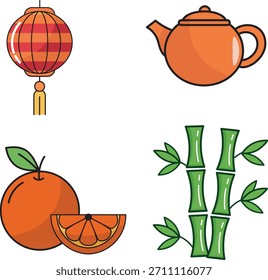 Eine Reihe von Cartoon-Illustrationen mit traditionellen asiatischen Elementen, darunter eine rote und orangefarbene Laterne, eine Teekanne, Orangen und Bambusstiele auf weißem Hintergrund.