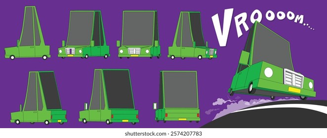 A set of cartoon-style illustrations of a green car with an exaggeratedly tall and narrow windshield, displayed from multiple angles.