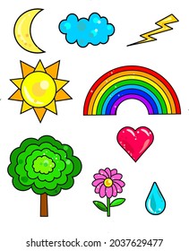 A set of cartoon-style images: sun, crescent moon, drop, heart, tree, flower, cloud, rainbow