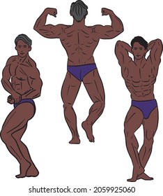 A set of cartoon-style line art illustrations of an Asian naked young man taking bodybuilding poses, abdominal and rhino, side chests, double bicepbacks