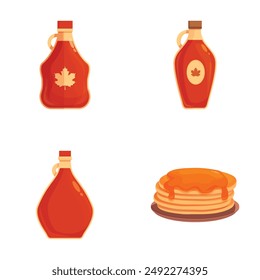 Set of cartoonstyle maple syrup bottles and pancakes with syrup topping