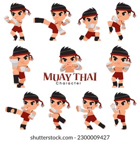 A set of cartoon-style Muay Thai character illustrations showcasing various traditional fighting stances, punches, kicks, and knee strikes.