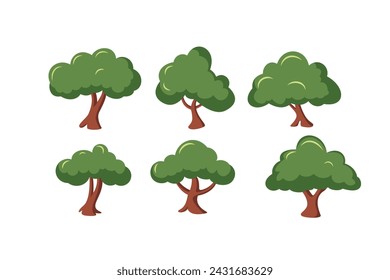 A set of cartoon-style trees on a white background.
