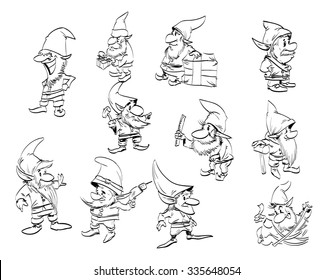 A set of cartoony line drawings of christmas elfs or dwarfs. Santa's helpers that are building the toys for presents and gifts.