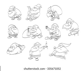 A set of cartoony Santa vector illustrations with line drawings in different positions.