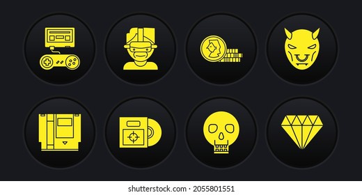Set Cartridge, Máscara del diablo con cuernos, CD DVD disco en caja, Skull, Moneda de juego, Gafas de realidad virtual, Diamante y joystick de consola de juegos. Vector
