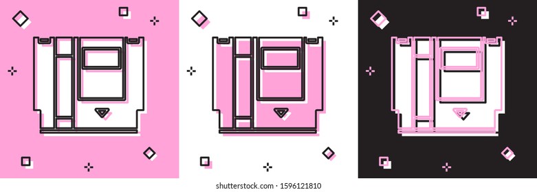 Set Cartridge for retro game console icon isolated on pink and white, black background. TV Game cartridge.  Vector Illustration