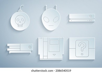 Set Cartridge, Video game console, Mystery or random box, Alien and Bomb ready to explode icon. Vector