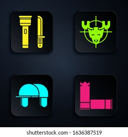 Set Cartridges, Flashlight and knife, Hunter hat and Hunt on moose with crosshairs. Black square button. Vector