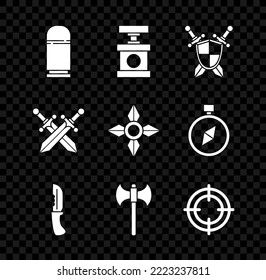 Set Cartridges, Handle detonator for dynamite, Medieval shield with crossed swords, Military knife, axe, Target sport, Crossed medieval and Japanese ninja shuriken icon. Vector