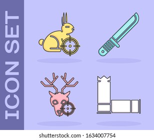 Set Cartridges, Hunt on rabbit with crosshairs, Hunt on deer with crosshairs and Hunter knife icon. Vector