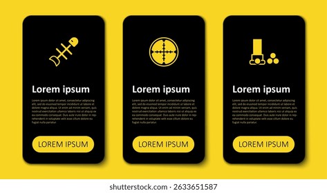 Set Cartuchos, mira óptica de francotirador y peces muertos. Plantilla de infografía de negocios. Vector