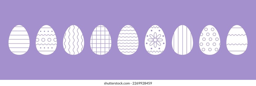 Set of carved Easter eggs decorated with ornaments. Template for postcards, banners, scrapbooking. Fashionable lavender background. Festive vector illustration