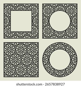 Conjunto de quadros esculpidos com padrões geométricos. Bordas para cartões, fotos, pinturas, espelhos. Modelo para plotter corte a laser de papel, escultura em madeira, gravação em metal, cnc. Ilustração vetorial.