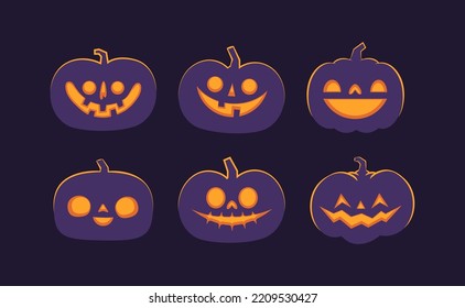 Set geschnitzter Halbkuppelkürbis. Jack o Lantern strahlt mit Lächeln nach innen für Ihr Design für den Urlaub. Cute und lustige Vektorgrafik.