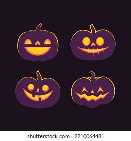 Set of carved halloween pumpkins. Jack o Lantern glowing inside with smile for your design for the holiday. Cute and fun vector illustration.