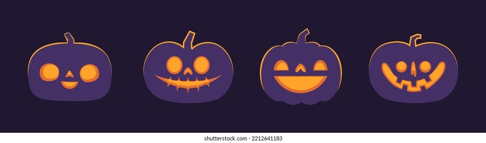 Set of carved halloween pumpkins. Jack o Lantern glowing inside with smile for your design for the holiday. Cute and fun vector illustration.