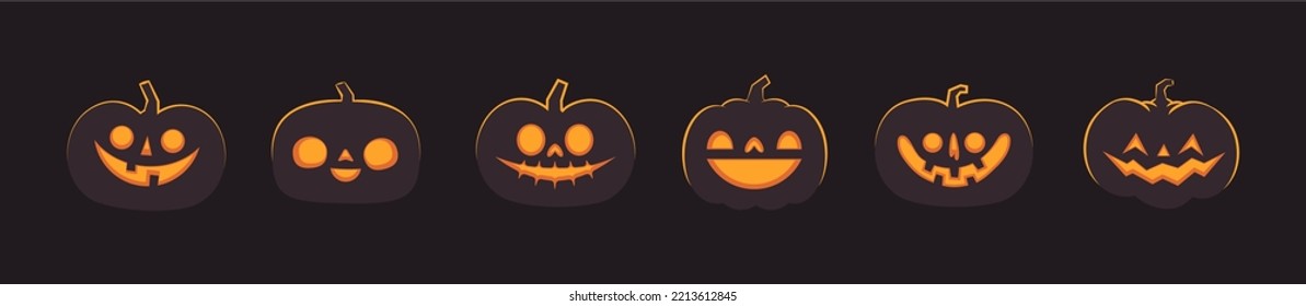 Set of carved halloween pumpkins. Jack o Lantern glowing inside with smile for your design for the holiday. Cute and fun vector illustration.
