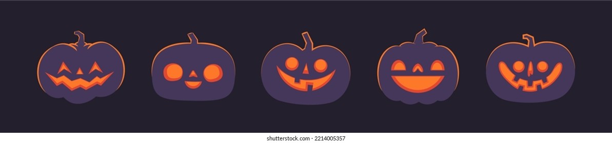 Set of carved halloween pumpkins. Jack o Lantern glowing inside with smile for your design for the holiday. Cute and fun vector illustration.