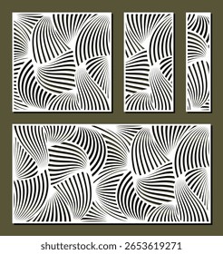 Conjunto de painéis esculpidos. Quadrado, grelhas retangulares, telas, telas com padrão geométrico abstrato com ondas de linhas. Modelo para plotter corte a laser de papel, escultura em madeira, gravação em metal, cnc