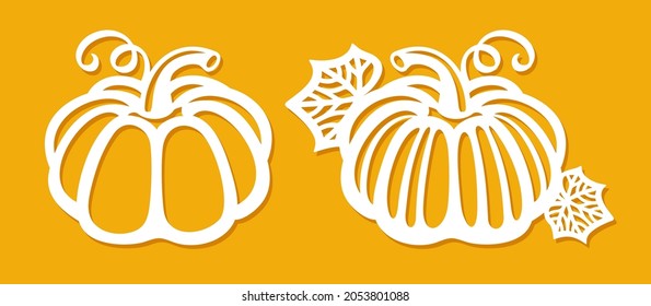 Set of carved paper pumpkins. Ripe autumn gourds with leaves and curl. Decoration for the holiday. Template for laser plotter cutting of wood, plywood, plastic, metal, cnc.