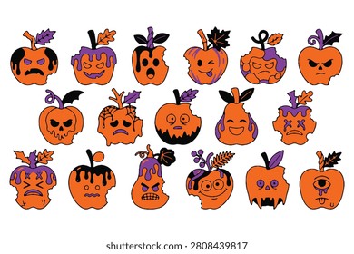 Set of carved pumpkin and apple vector illustrations. Scary holiday characters with dripping purple slime details.