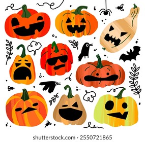 Set of carved pumpkins. Halloween. Cute vegetables. Vector illustration
