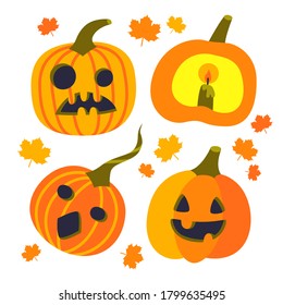 Set of carved pumpkins for Halloween. Half pumpkin with a candle. Vector illustration for the holiday