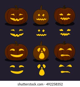 Set of Carved Scary Halloween Pumpkins on Dark Background, a Jack-o-Lantern, Pumpkin Carving Stencil Templates, Vector Illustration 