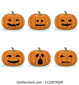 Set of Carved Scary Pumpkins, Jack-o-Lantern on White Background, Halloween Holiday , Vector Illustration