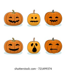 Set of Carved Scary Pumpkins, Jack-o-Lantern on White Background, Halloween Holiday , Vector Illustration 