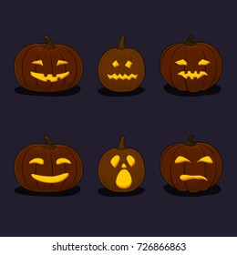 Set of Carved Scary Pumpkins, Jack-o-Lantern on Black Background, Halloween Holiday , Vector Illustration