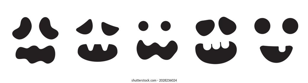 Set of carved silhouettes faces pumpkins. Template with variety of eyes and mouths for cut out jack o lantern. Scary and funny faces of Halloween pumpkin. Black icons isolated on a white background.