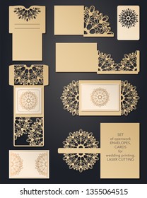 A set of carved wedding envelopes, pockets for laser cutting. Pocket for congratulations, invitations, wedding cards, party, romantic date. Festive set of openwork lace patterns for cutting paper and
